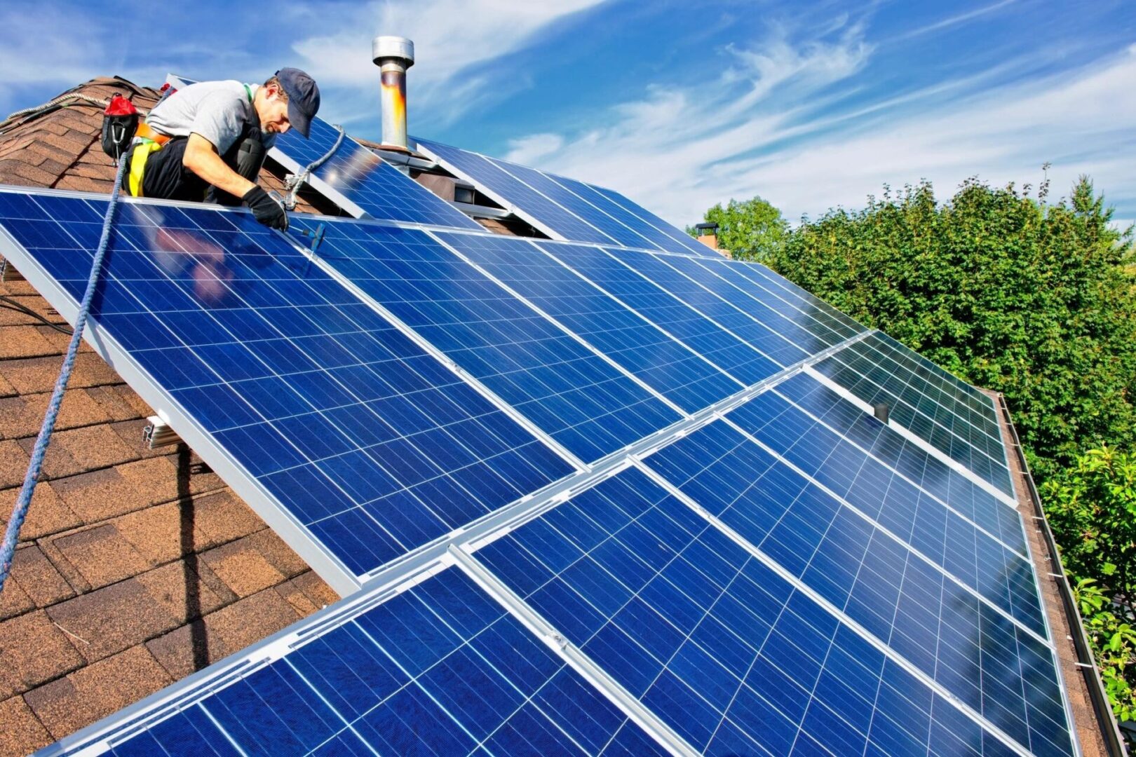 A man working on solar panels on the roof of a house.